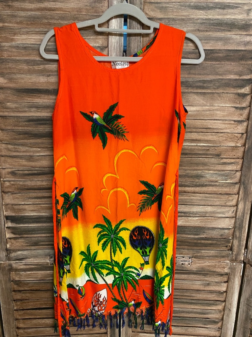 Neelam:Vibrant Tropical Fringe Tank Dress - Orange , Green & Yellow